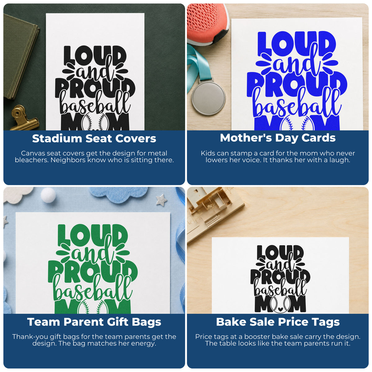 Four ways to use the Baseball Mom Pride Splashes Slim Pre-Inked Stamp: stadium seat covers, mother's day cards, team parent gift bags and bake sale price tags.