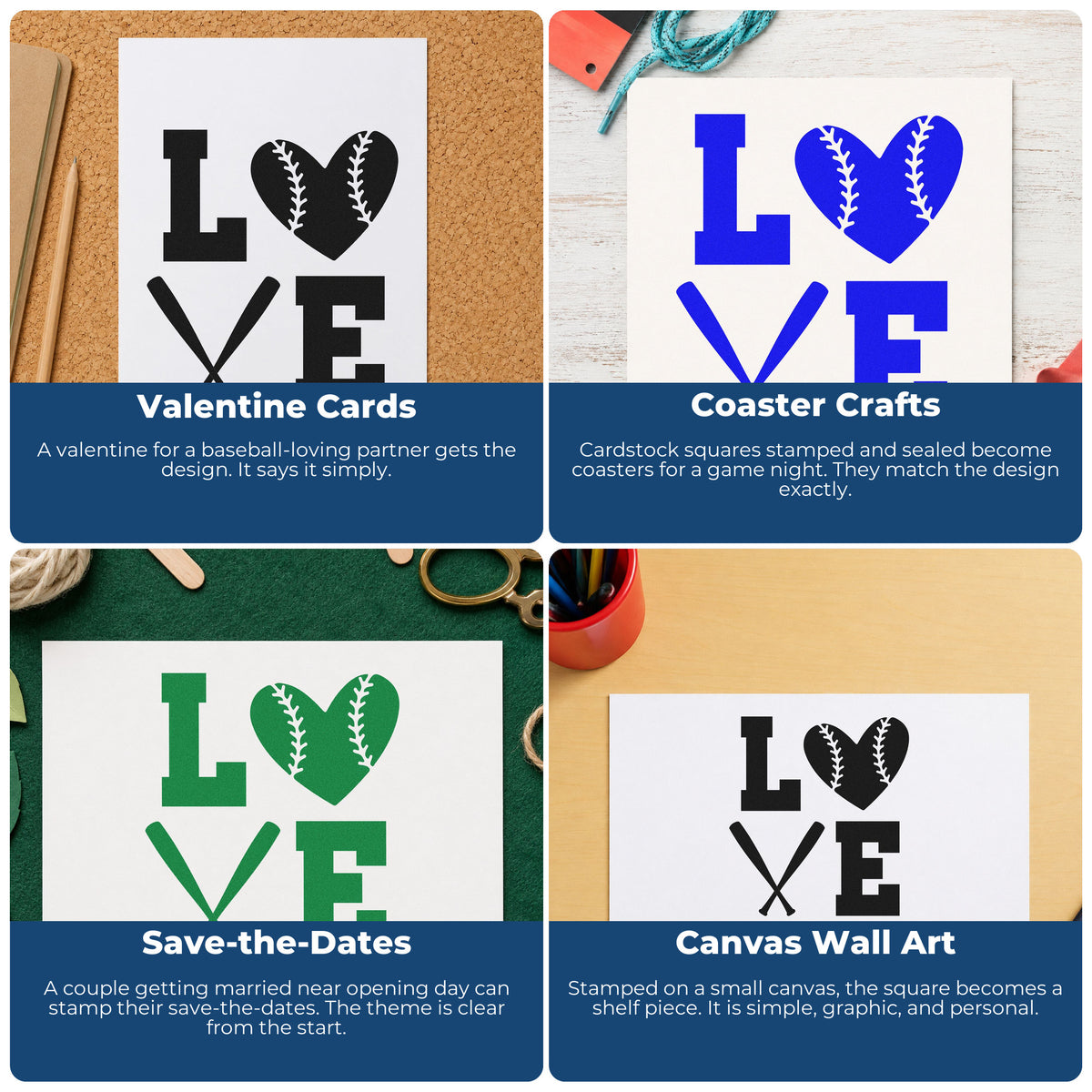 Baseball rubber stamp examples for planners, event flyers, kids crafts, and handmade packaging with sporty designs.