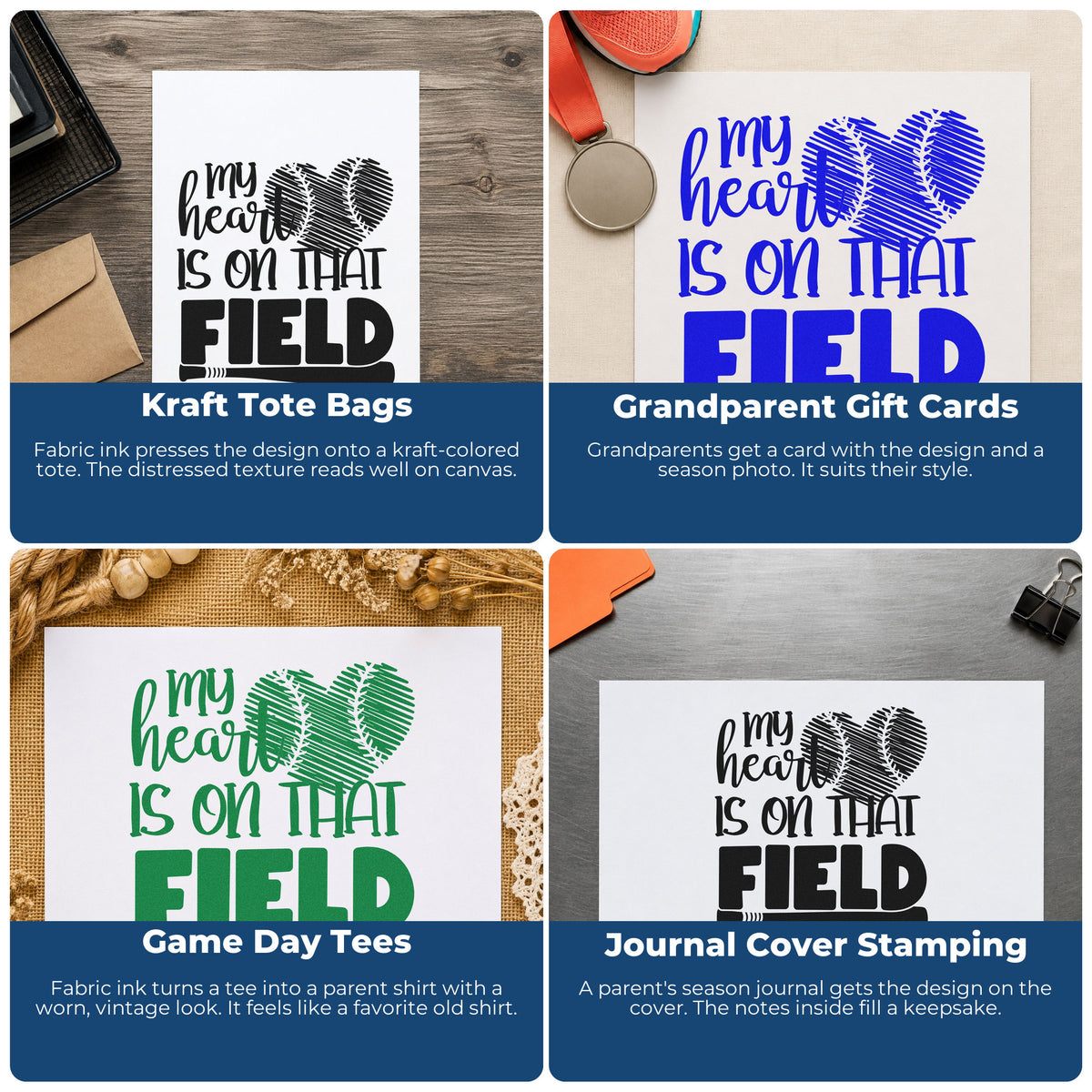 Four ways to use the Distressed Baseball Heart Field PSI Pre-Inked Stamp: kraft tote bags, grandparent gift cards, game day tees and journal cover stamping.