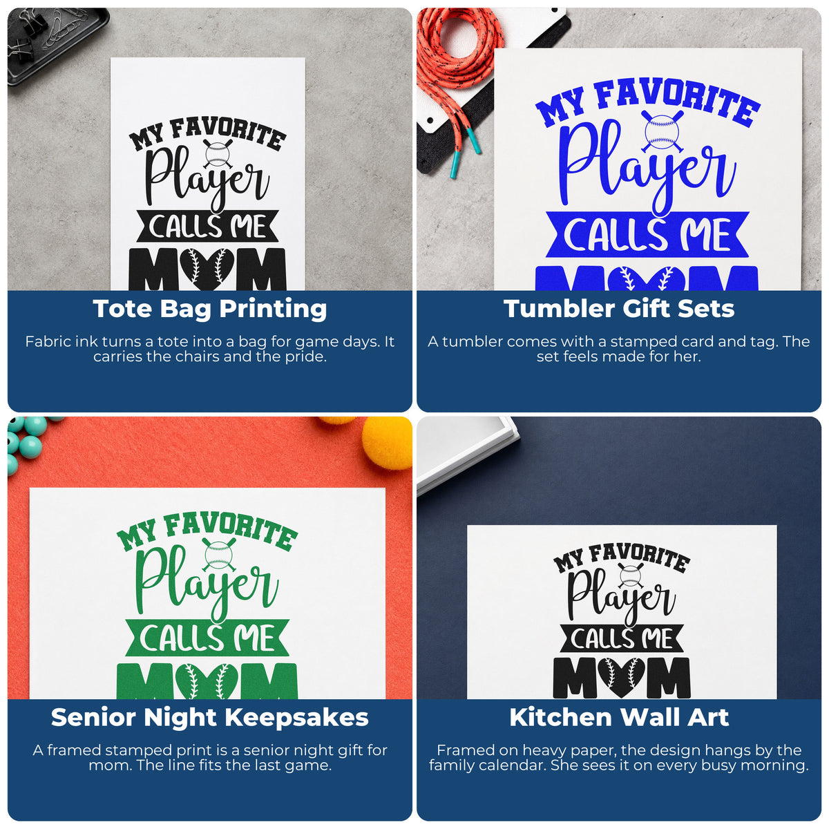 Four ways to use the My Favorite Player Calls Me Mom Rubber Stamp – Wood Handle: tote bag printing, tumbler gift sets, senior night keepsakes and kitchen wall art.