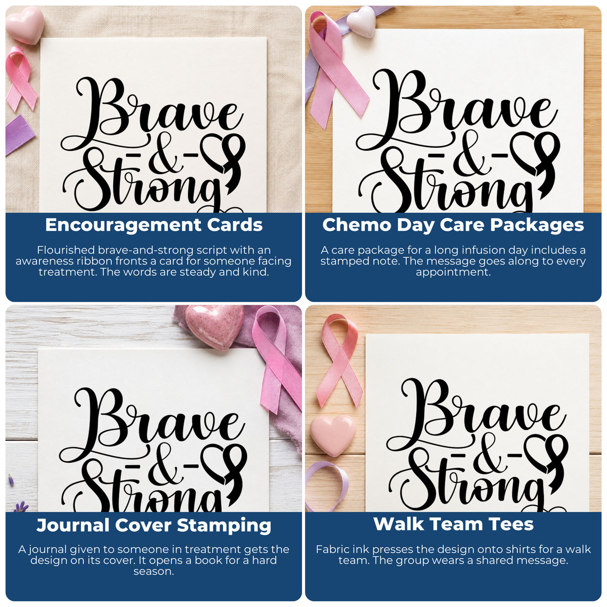 Four ways to use the Brave & Strong Awareness Ribbon Stamp – Self-Inking: encouragement cards, chemo day care packages, journal cover stamping and walk team tees.
