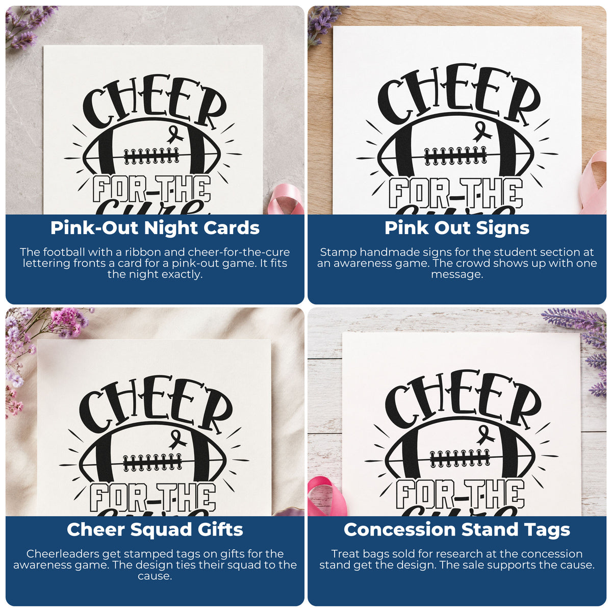 Four ways to use the Cheer For The Cure Awareness Ribbon Rubber Stamp – Wood Handle: pink-out night cards, pink out signs, cheer squad gifts and concession stand tags.