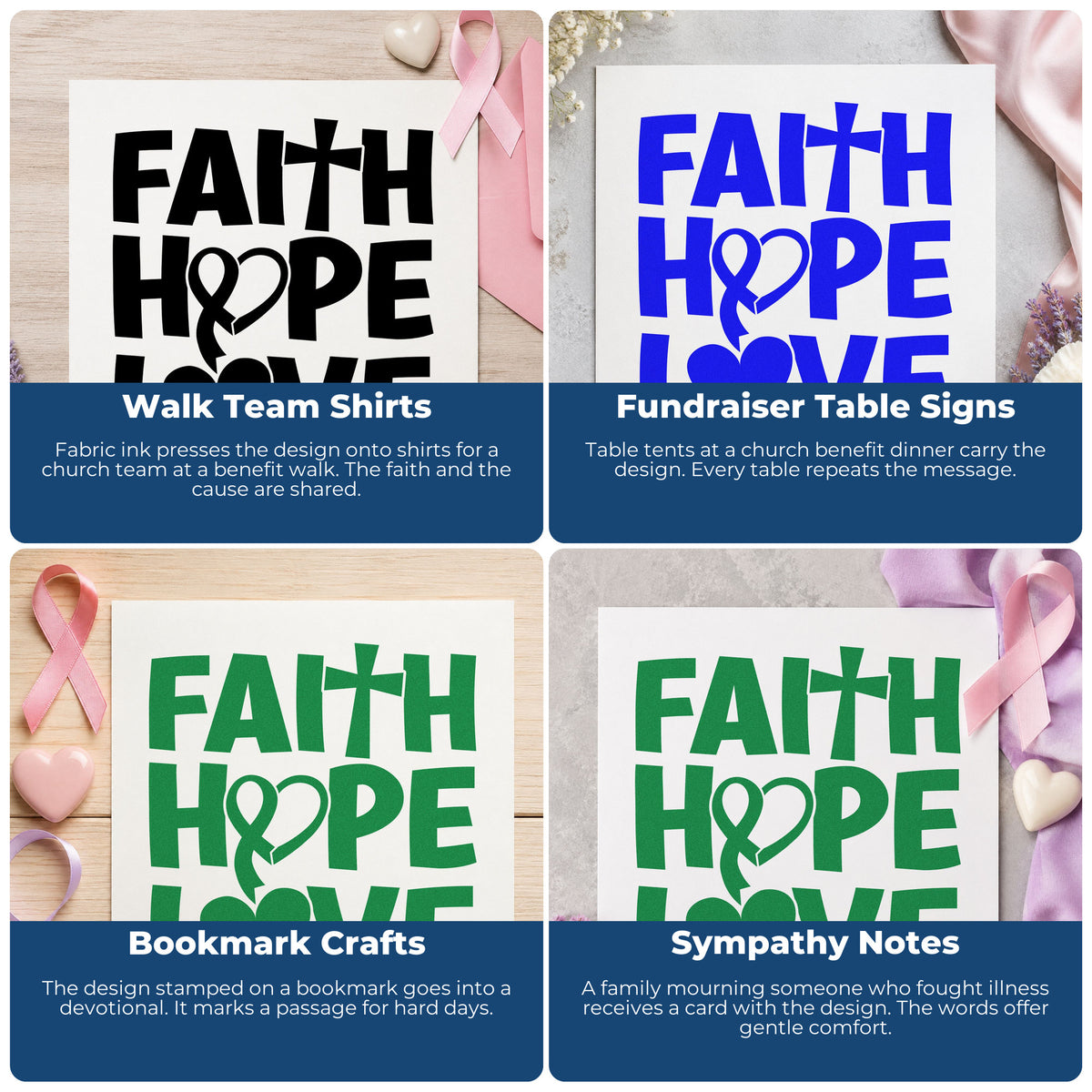 Four ways to use the Pre-Inked Faith Hope Love Ribbon With Cross Stamp – PSI: walk team shirts, fundraiser table signs, bookmark crafts and sympathy notes.