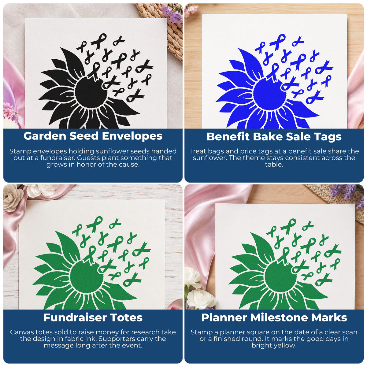 Cancer awareness rubber stamp examples for mail art, bake sales, memorial candles, and apparel tags with faith and support themes.