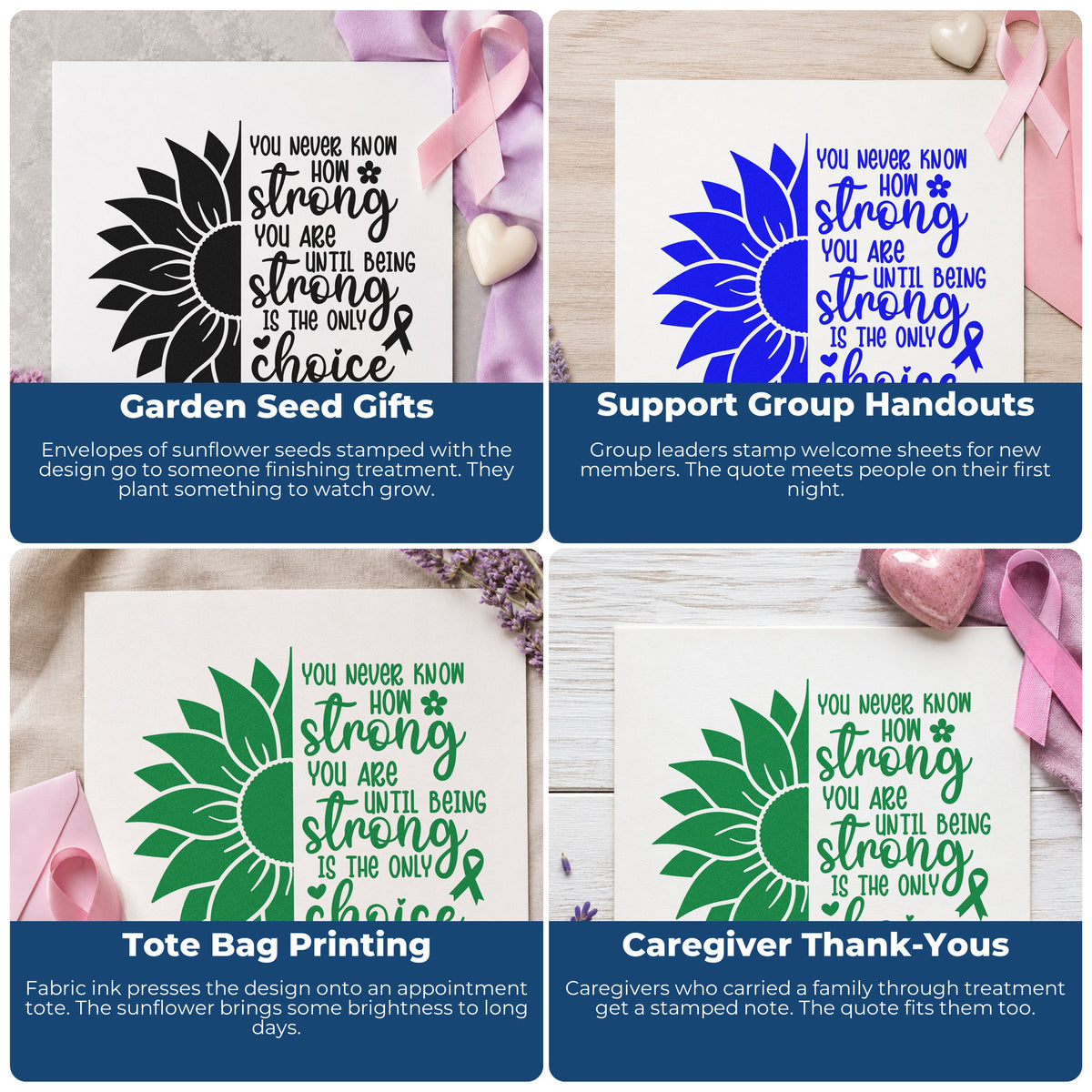 Cancer awareness rubber stamp ideas for mail art, bake sale packaging, memorial candles, and custom apparel tags.