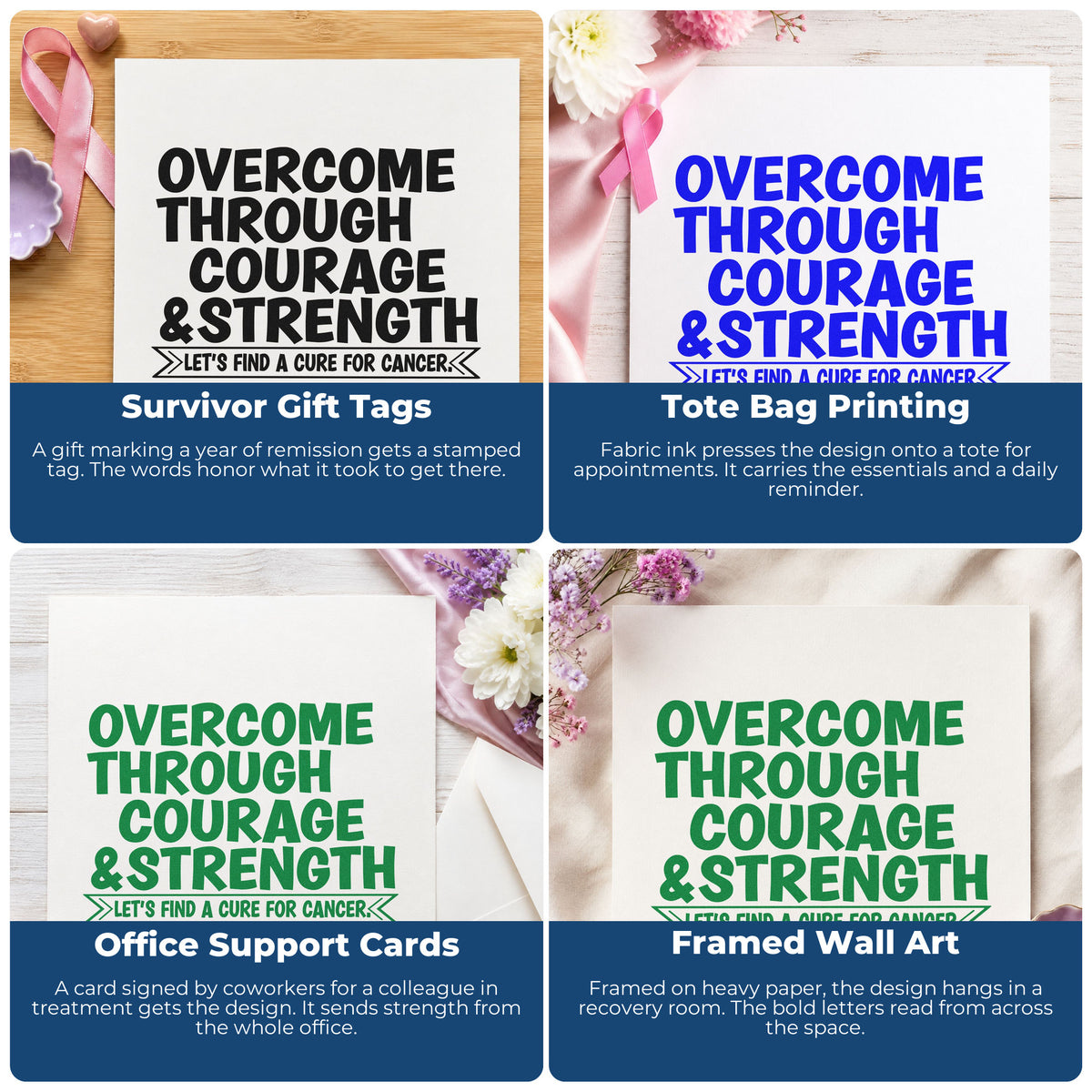 Four ways to use the Overcome Through Courage PSI Pre-Inked Stamp: survivor gift tags, tote bag printing, office support cards and framed wall art.