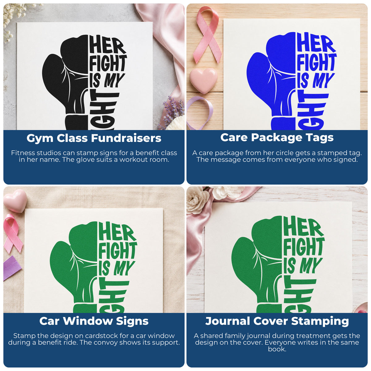 Four ways to use the Her Fight Is My Fight Rubber Stamp – Duo Hand: gym class fundraisers, care package tags, car window signs and journal cover stamping.