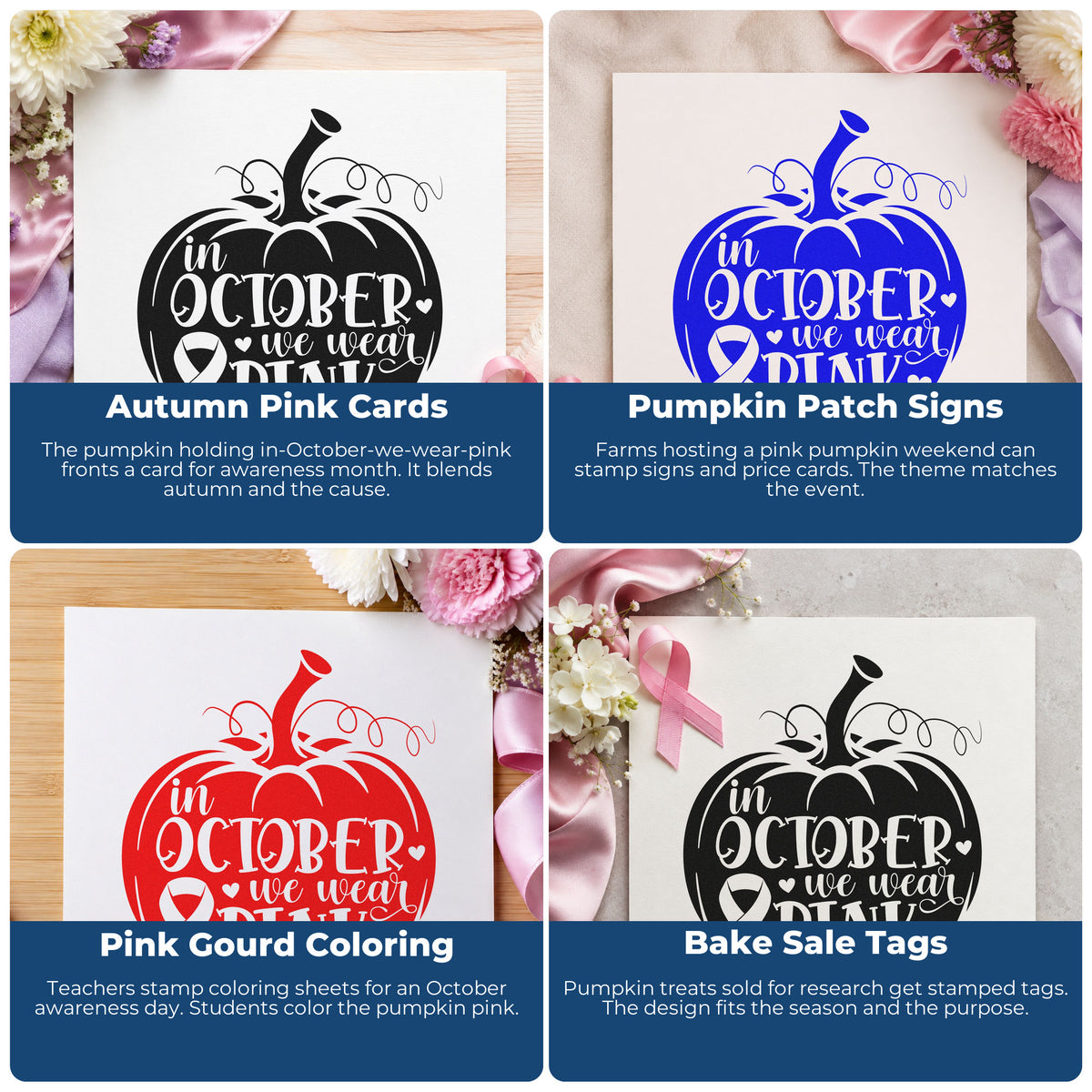 Four ways to use the October Pink Pumpkin Awareness Ribbon Duo Hand Stamp: autumn pink cards, pumpkin patch signs, pink gourd coloring and bake sale tags.