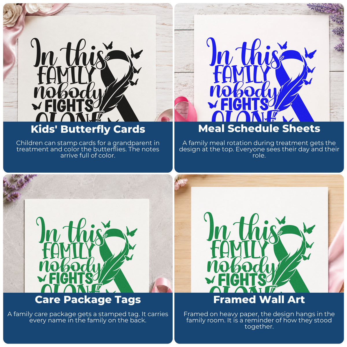 Cancer awareness rubber stamps for mail art, bake sales, memory candles, and custom apparel tags with pink ribbon messages.