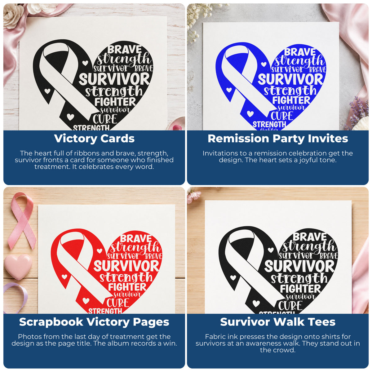 Cancer awareness rubber stamp designs for encouragement cards, fundraiser labels, and patient gift bags.