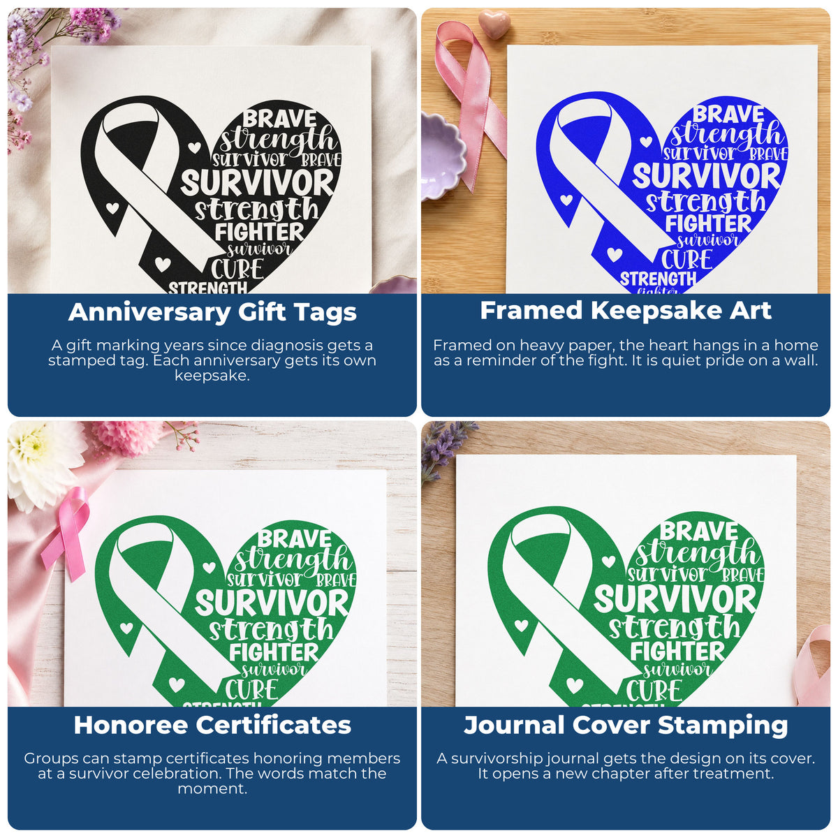 Cancer awareness rubber stamp designs with pink ribbon art for mail, bake sales, memory candles, and apparel tags.