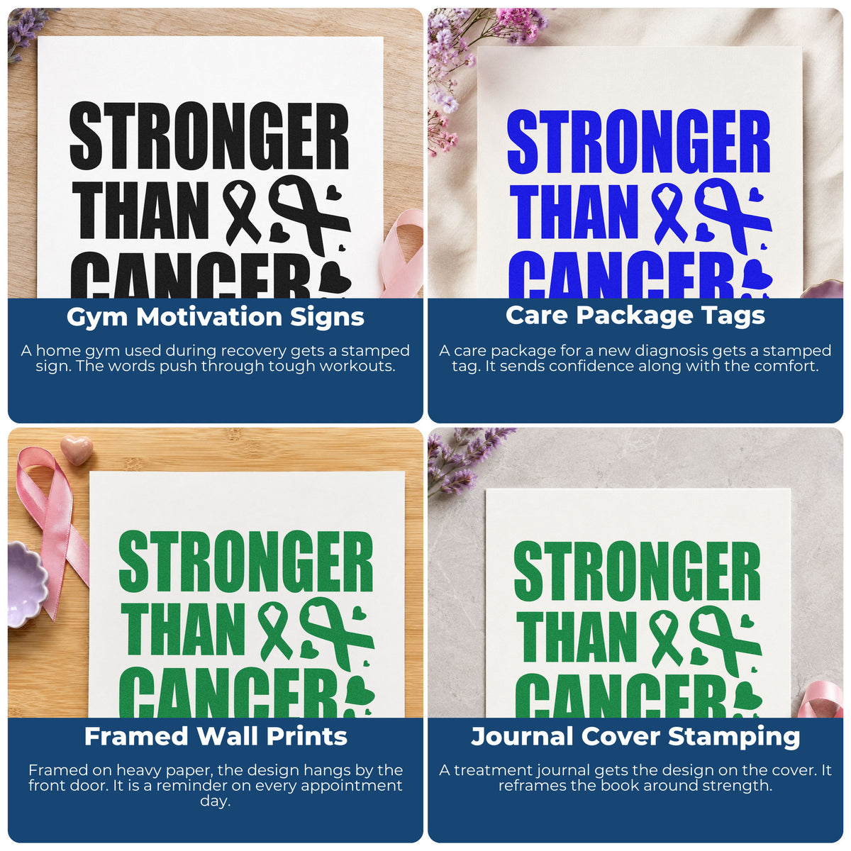 Four ways to use the Stronger Than Cancer Awareness Ribbon Premium Wooden Stamp - Vintage Pro: gym motivation signs, care package tags, framed wall prints and journal cover stamping.