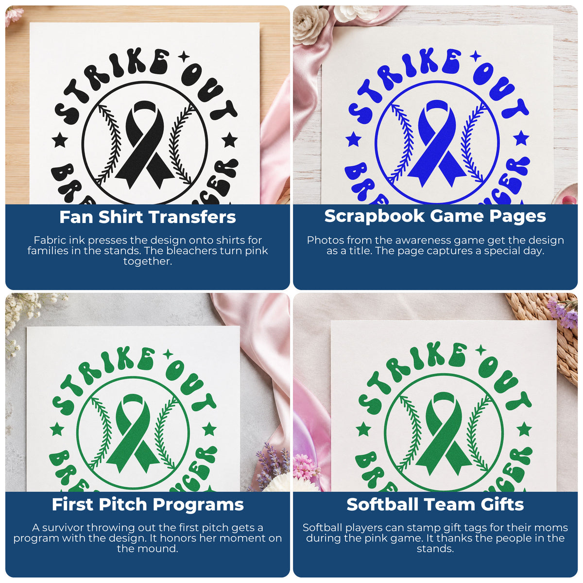 Four ways to use the Strike Out Breast Cancer Pre-Inked Stamp – PSI: fan shirt transfers, scrapbook game pages, first pitch programs and softball team gifts.