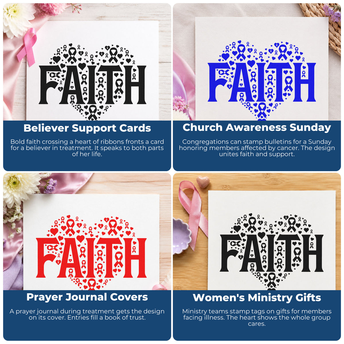 Four ways to use the Premium Wooden Faith Awareness Heart With Cross Stamp - Vintage Pro: believer support cards, church awareness sunday, prayer journal covers and women's ministry gifts.