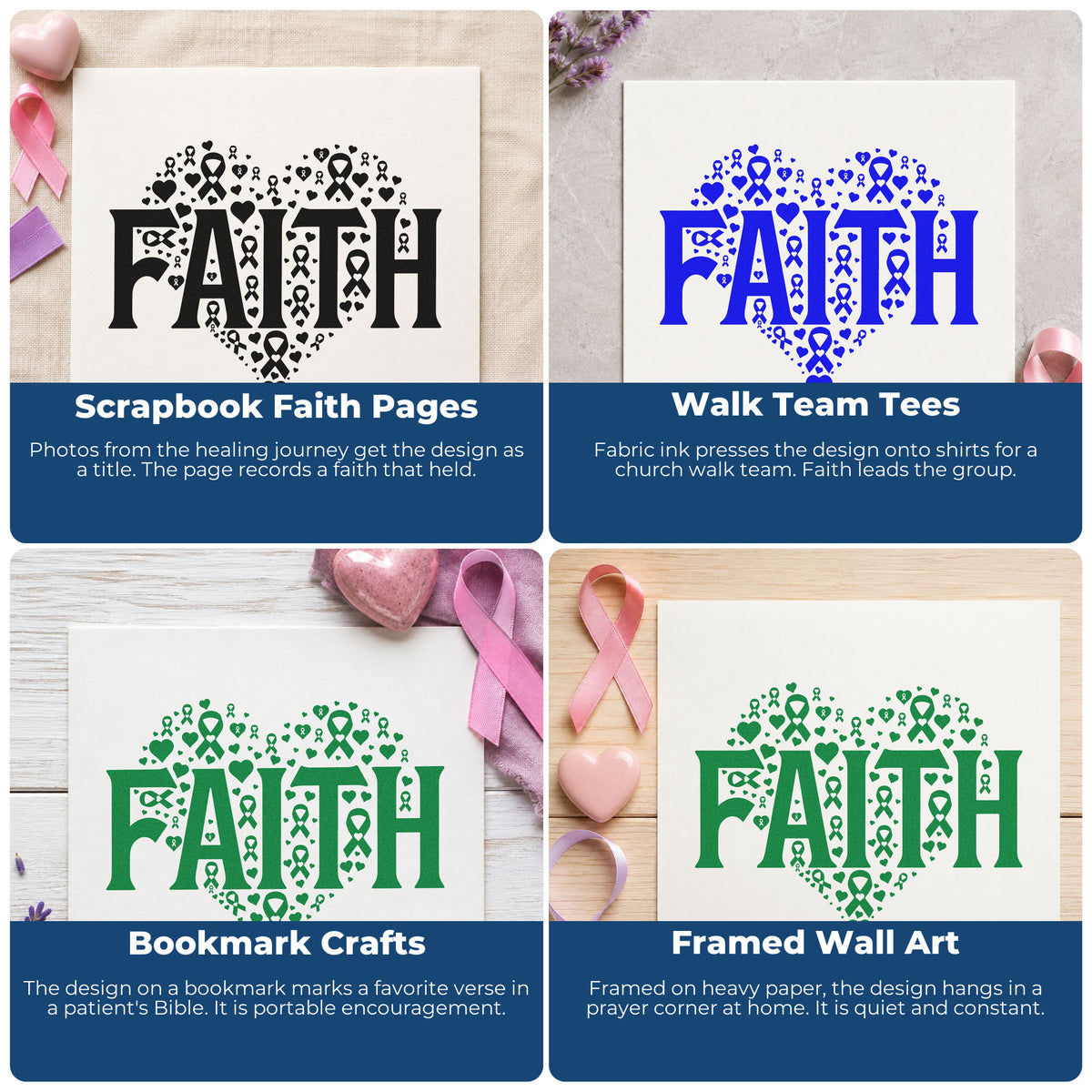 Four ways to use the Premium Wooden Faith Awareness Heart With Cross Stamp - Vintage Pro: scrapbook faith pages, walk team tees, bookmark crafts and framed wall art.