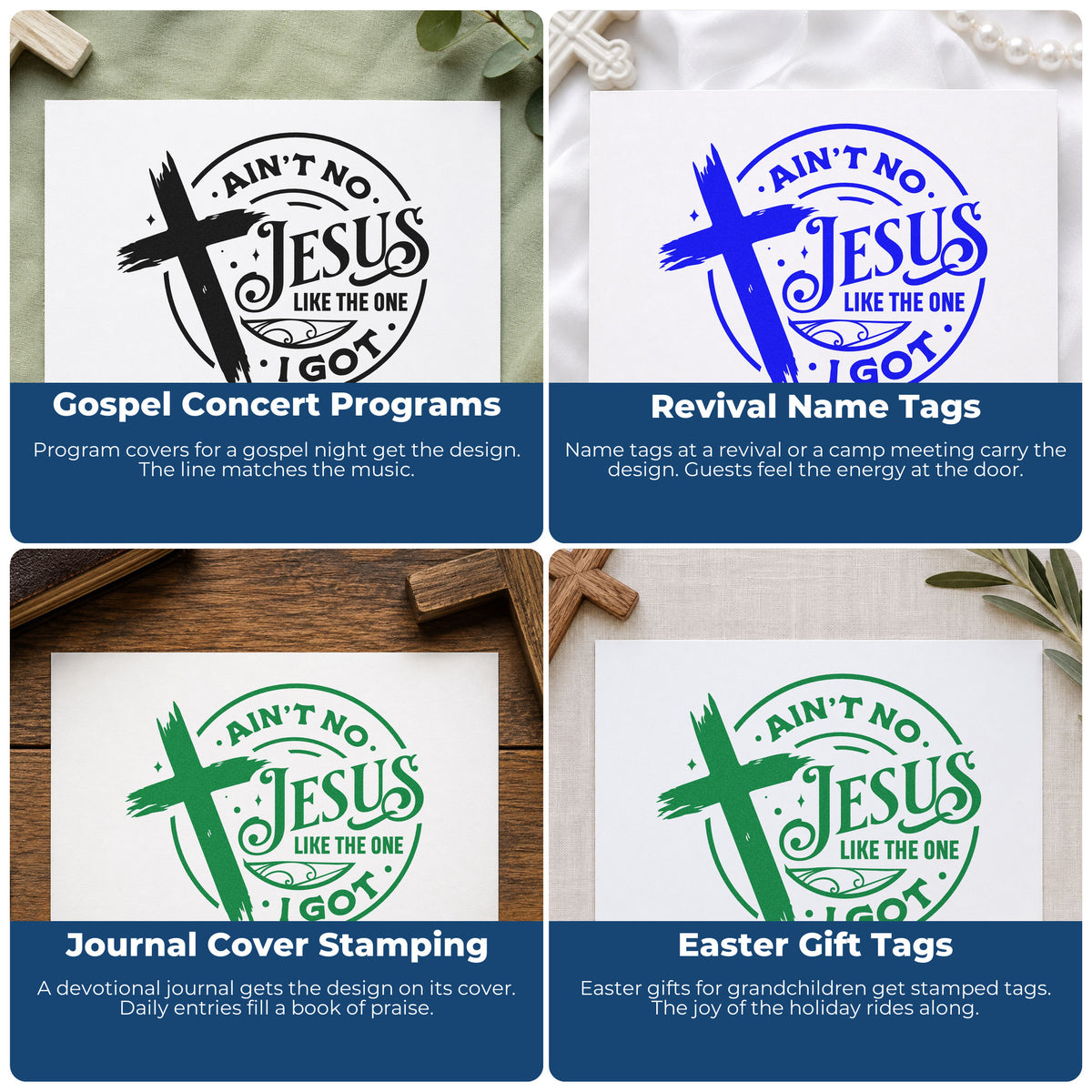Four ways to use the Ain't No Jesus Like Mine Wood Handle Stamp: gospel concert programs, revival name tags, journal cover stamping and easter gift tags.