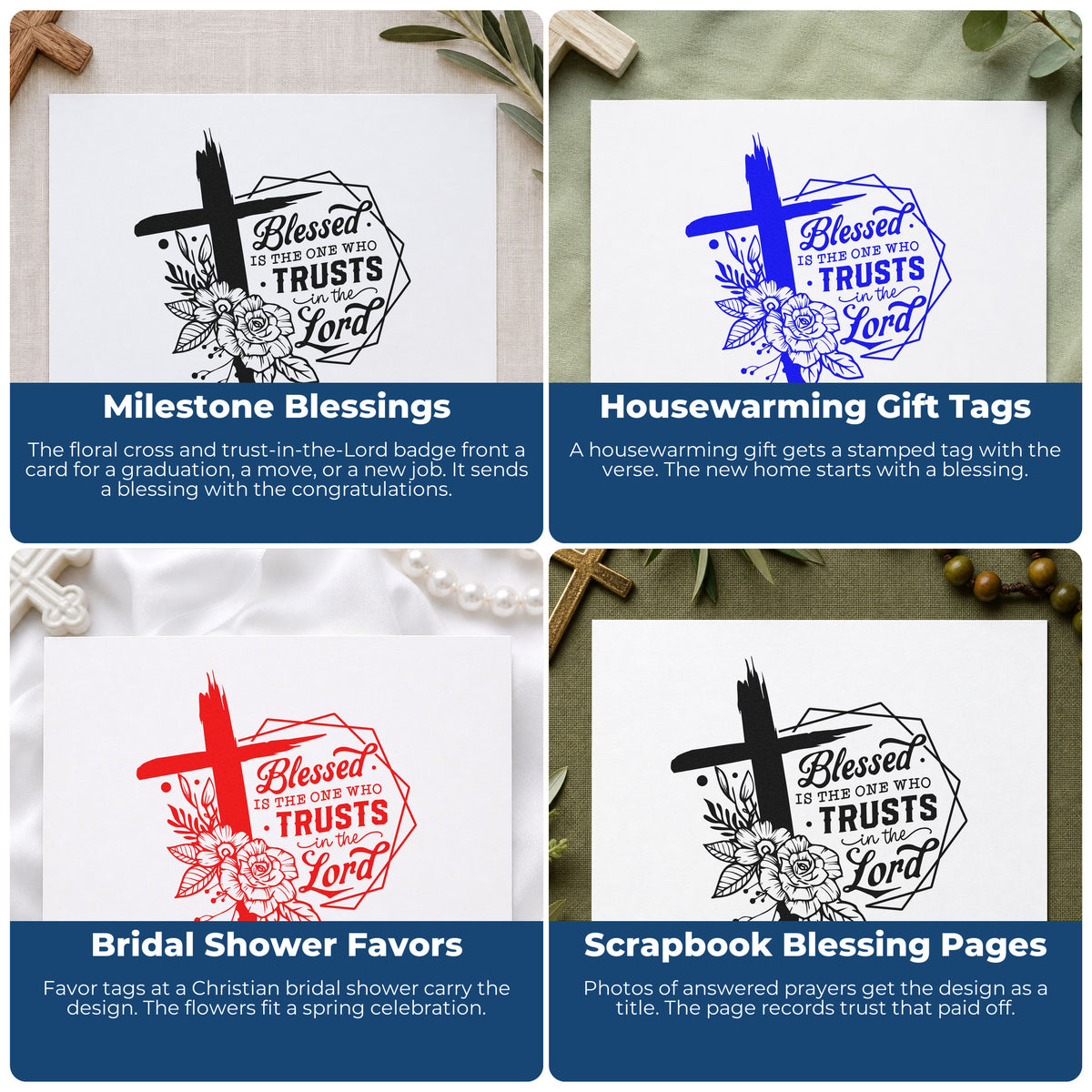 Four ways to use the Blessed Is The One Who Trusts Duo Hand Stamp: milestone blessings, housewarming gift tags, bridal shower favors and scrapbook blessing pages.