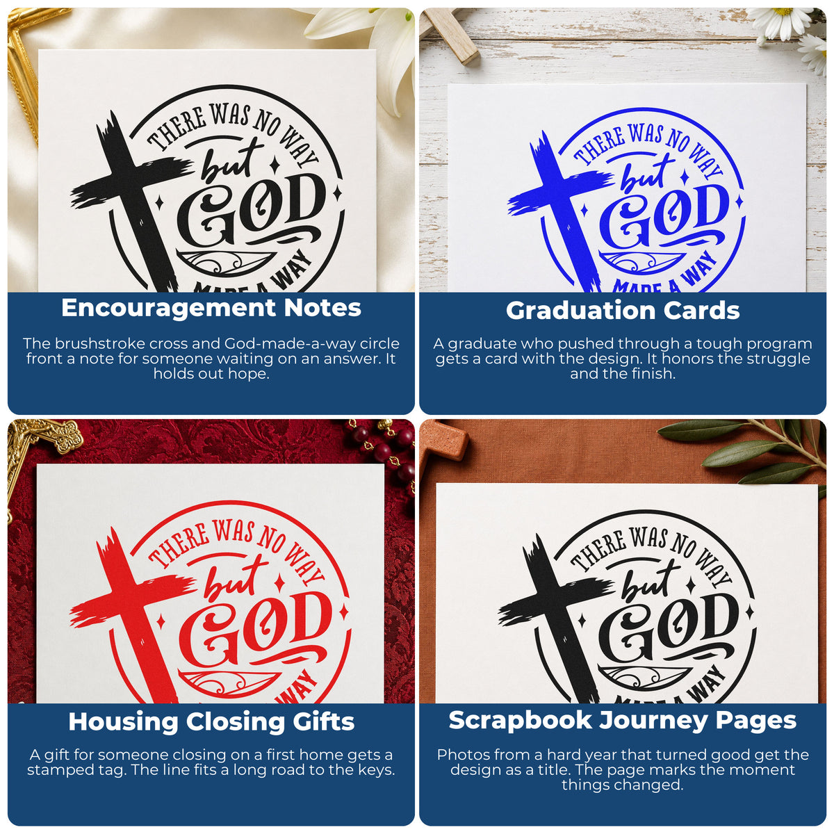 Four ways to use the God Made A Way Cross Pre-Inked Stamp – Slim: encouragement notes, graduation cards, housing closing gifts and scrapbook journey pages.