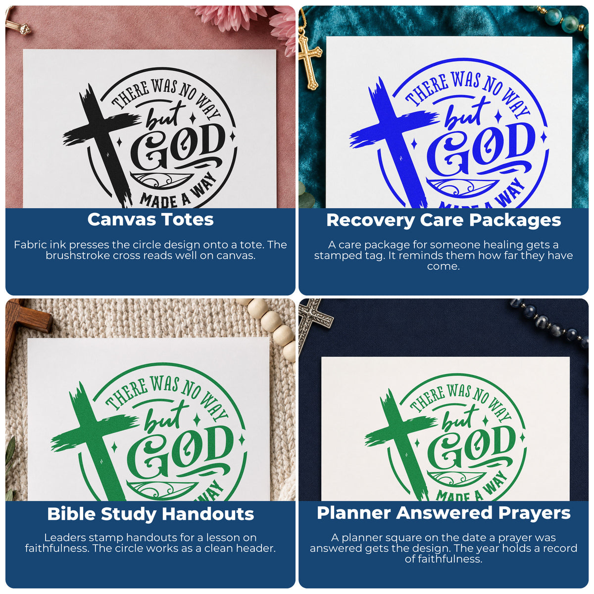 Four ways to use the God Made A Way Cross Pre-Inked Stamp – Slim: canvas totes, recovery care packages, bible study handouts and planner answered prayers.