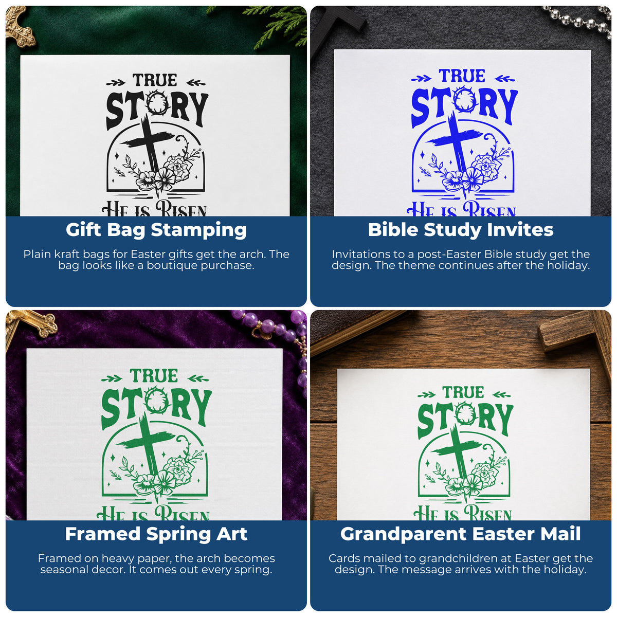Four ways to use the True Story Risen Arch With Cross PSI Pre-Inked Stamp: gift bag stamping, bible study invites, framed spring art and grandparent easter mail.