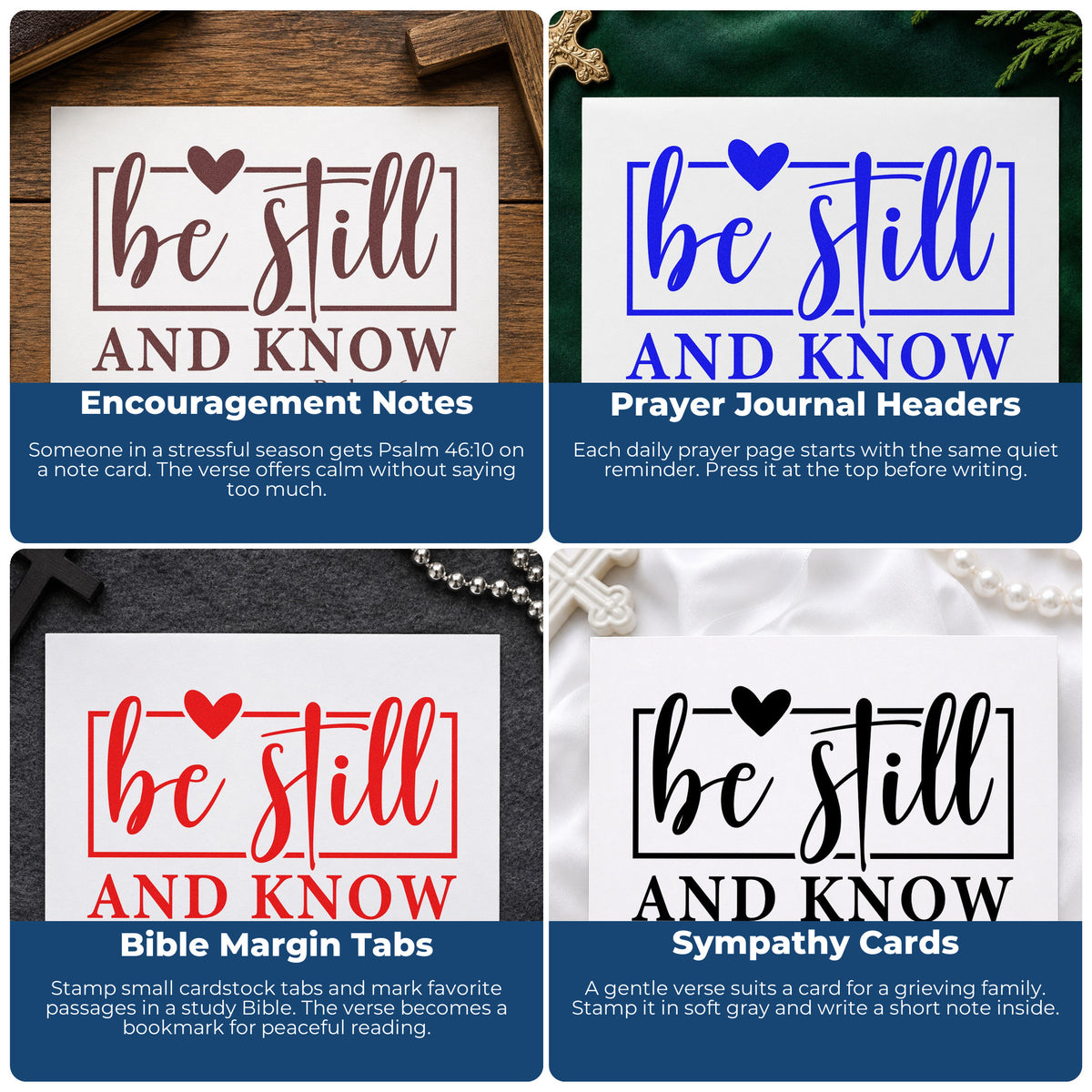 Christian rubber stamp ideas for Bible journaling, faith scrapbooking, prayer cards, and church event favors.