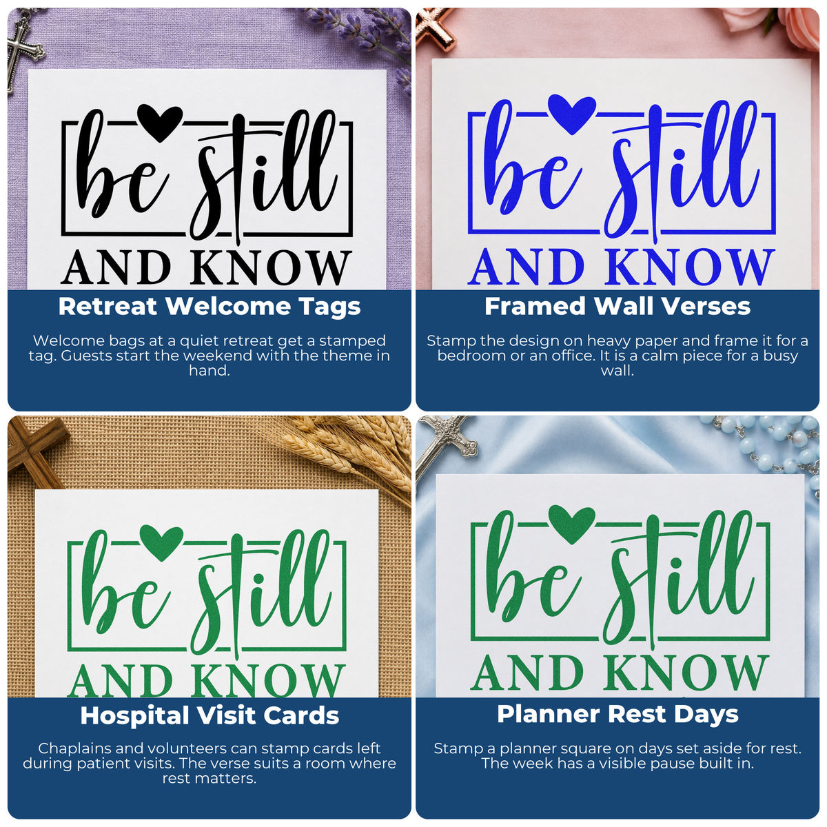 Infographic showing Christian rubber stamp uses for gift tags, faith mail art, planners, and Sunday school crafts.