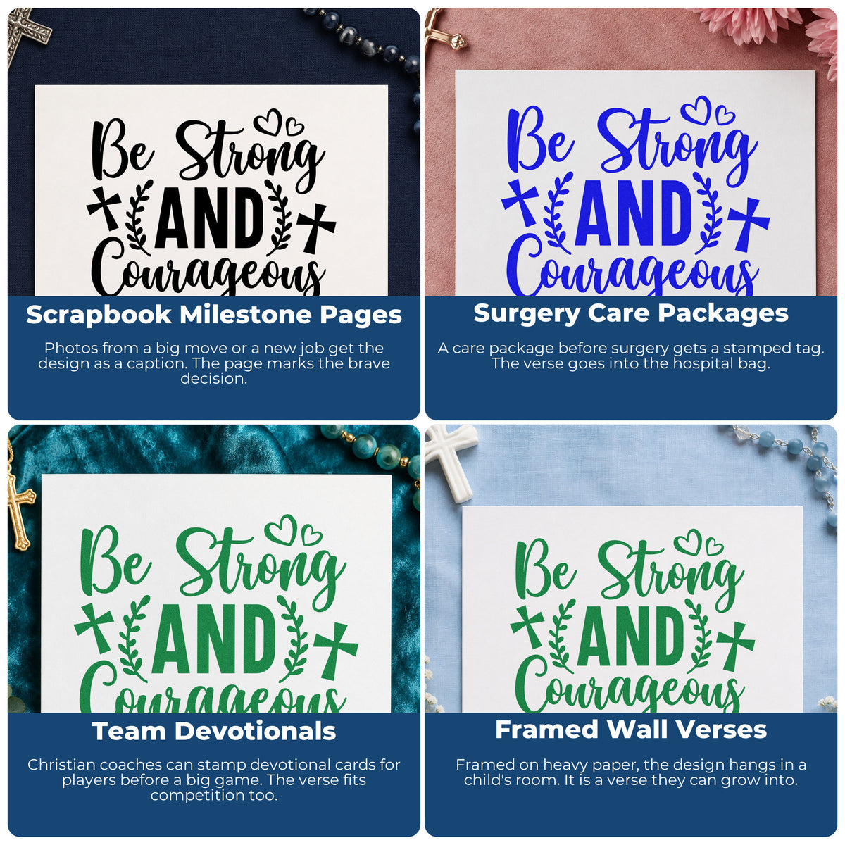 Four ways to use the Be Strong And Courageous With Cross Hand Stamp – Duo: scrapbook milestone pages, surgery care packages, team devotionals and framed wall verses.