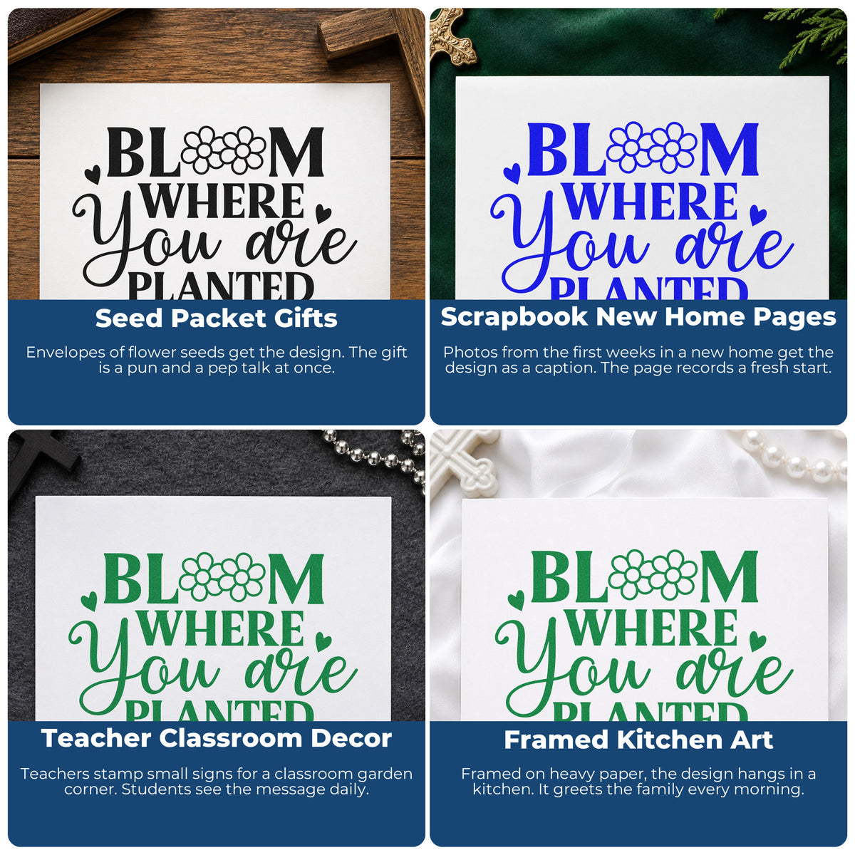 Four ways to use the Bloom Where You Are Planted Floral Accents Slim Pre-Inked Stamp: seed packet gifts, scrapbook new home pages, teacher classroom decor and framed kitchen art.