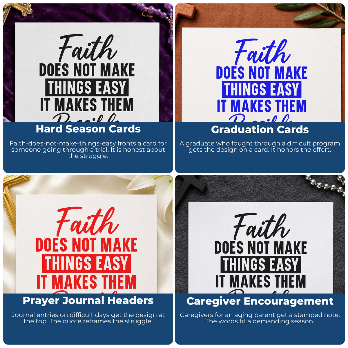 Four ways to use the Faith Makes Things Possible Pre-Inked Stamp – Slim: hard season cards, graduation cards, prayer journal headers and caregiver encouragement.