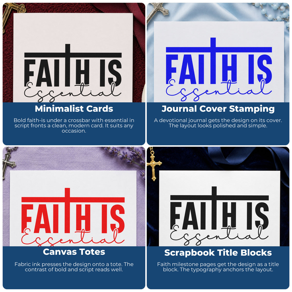 Four ways to use the Faith Is Essential Script Lettering Stamp – Slim Pre-Inked: minimalist cards, journal cover stamping, canvas totes and scrapbook title blocks.