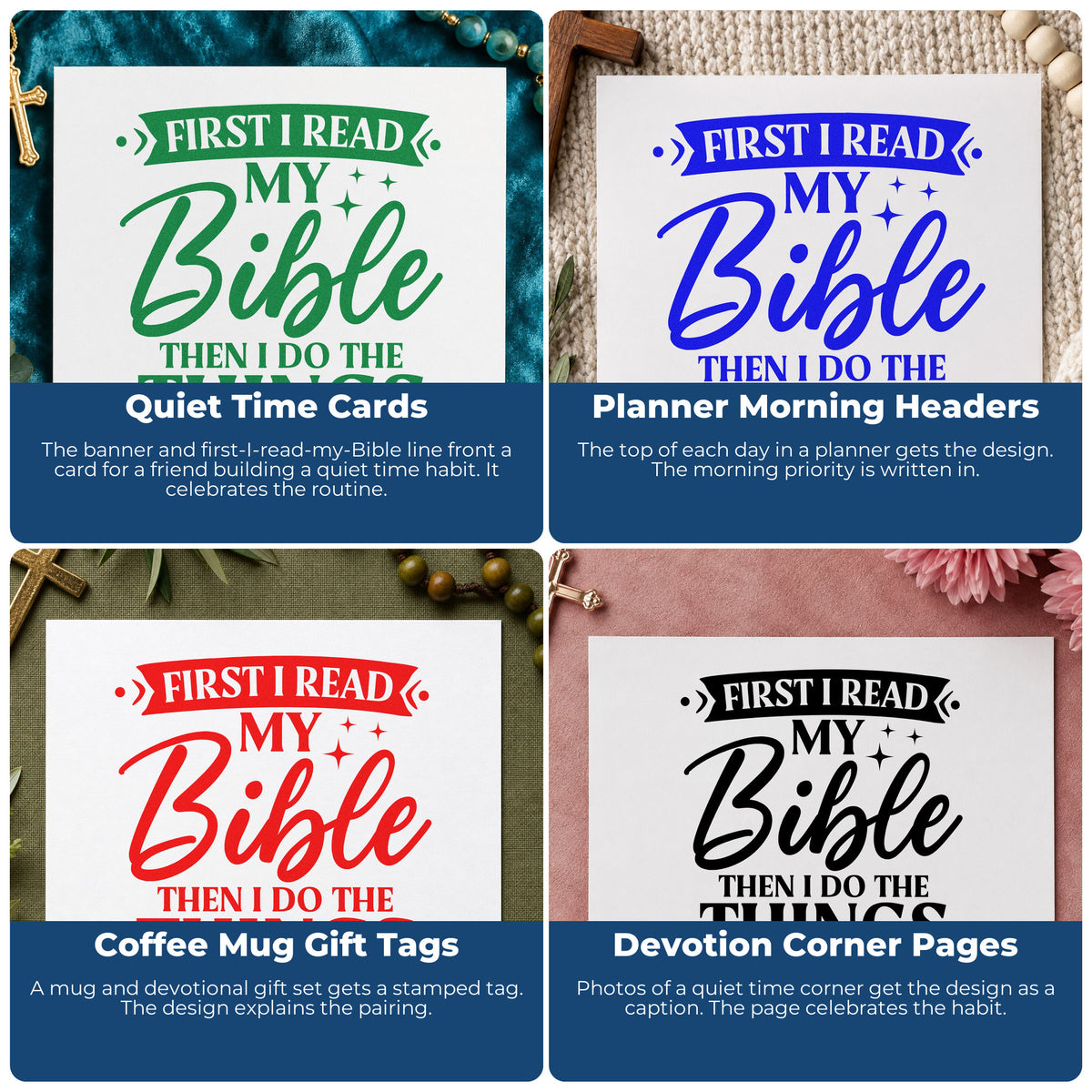 Four ways to use the First I Read My Bible Pre-Inked Stamp – Slim: quiet time cards, planner morning headers, coffee mug gift tags and devotion corner pages.