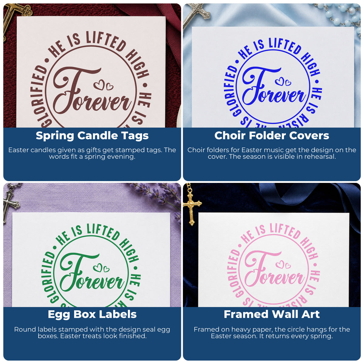 Four ways to use the Forever He Is Risen Compact Pre-Inked Stamp – Slim: spring candle tags, choir folder covers, egg box labels and framed wall art.