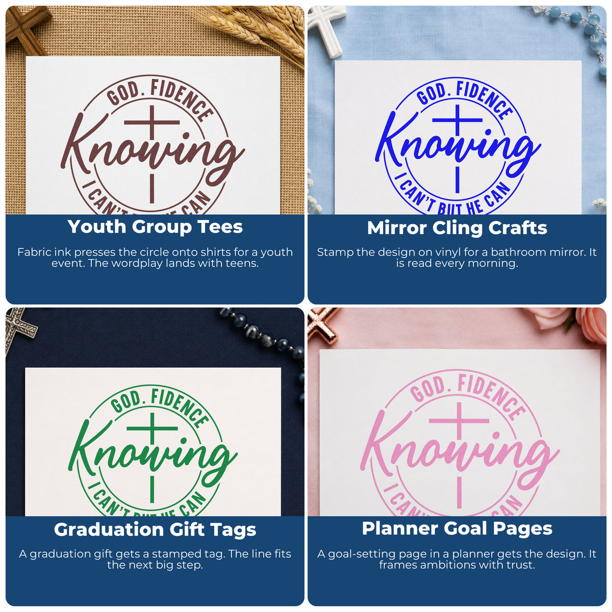 Four ways to use the Godfidence Knowing He Can With Cross Rubber Stamp – Wood Handle: youth group tees, mirror cling crafts, graduation gift tags and planner goal pages.