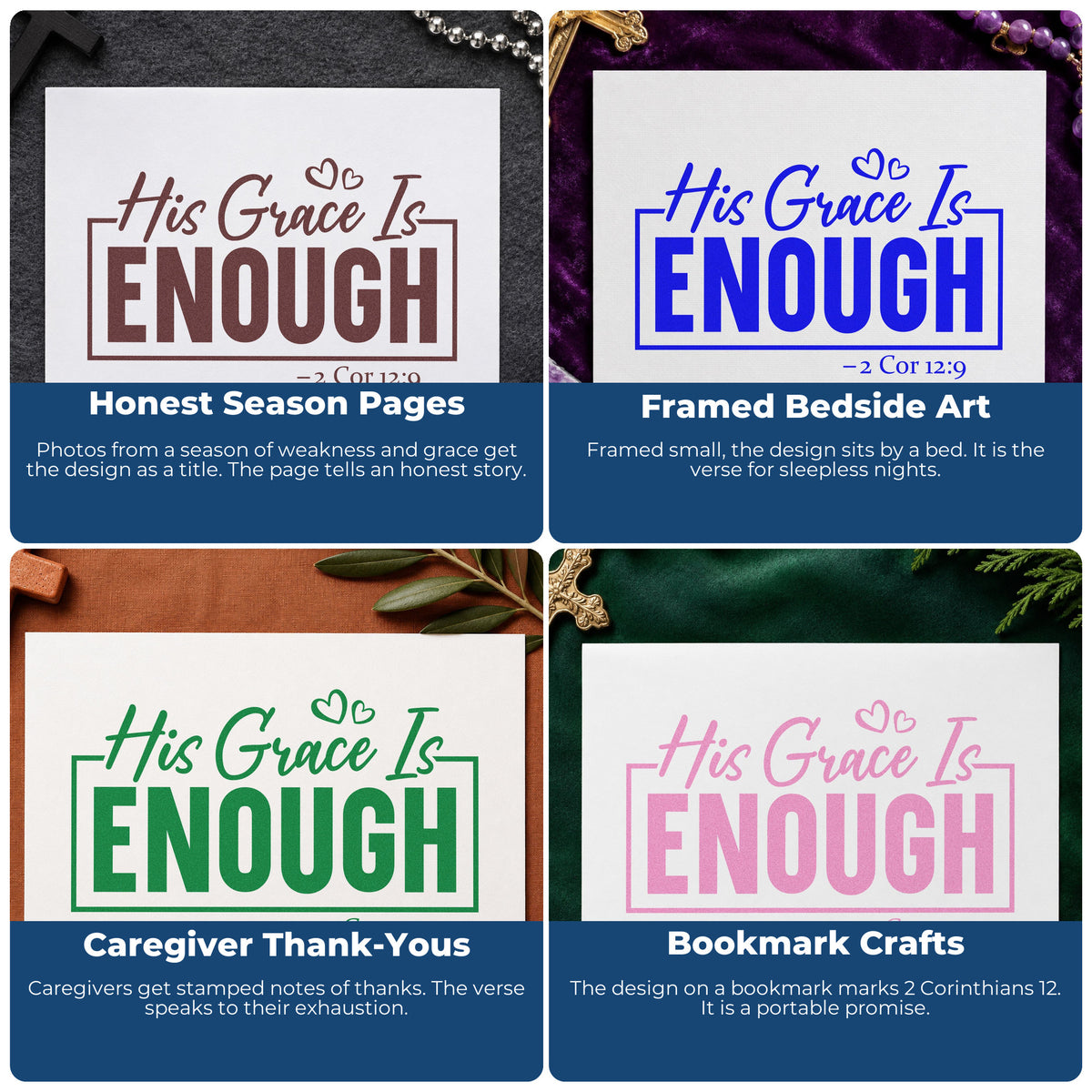 Four ways to use the Self-Inking His Grace Is Enough Stamp: honest season pages, framed bedside art, caregiver thank-yous and bookmark crafts.