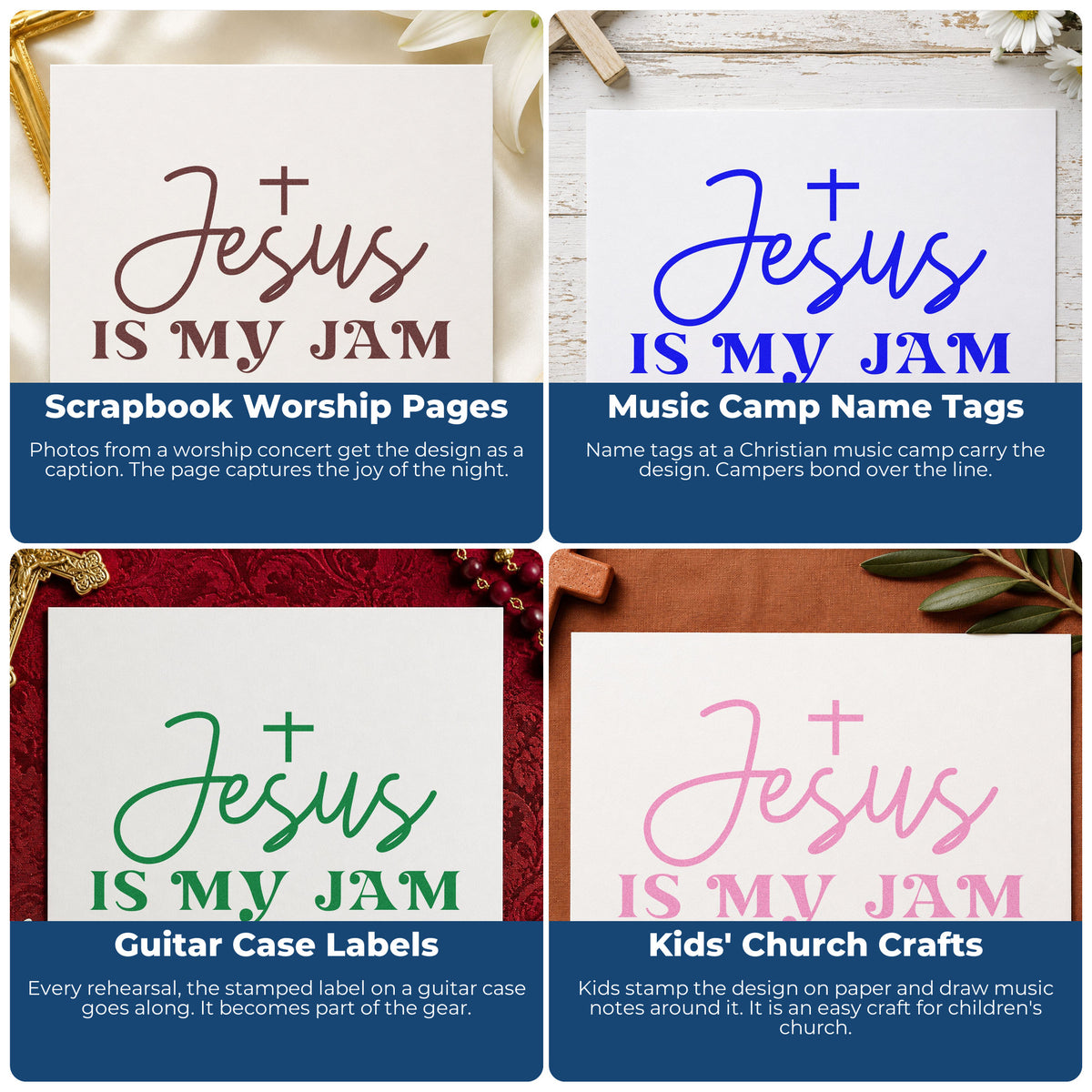 Four ways to use the Jesus Is My Jam With Cross Stamp – Self-Inking: scrapbook worship pages, music camp name tags, guitar case labels and kids' church crafts.