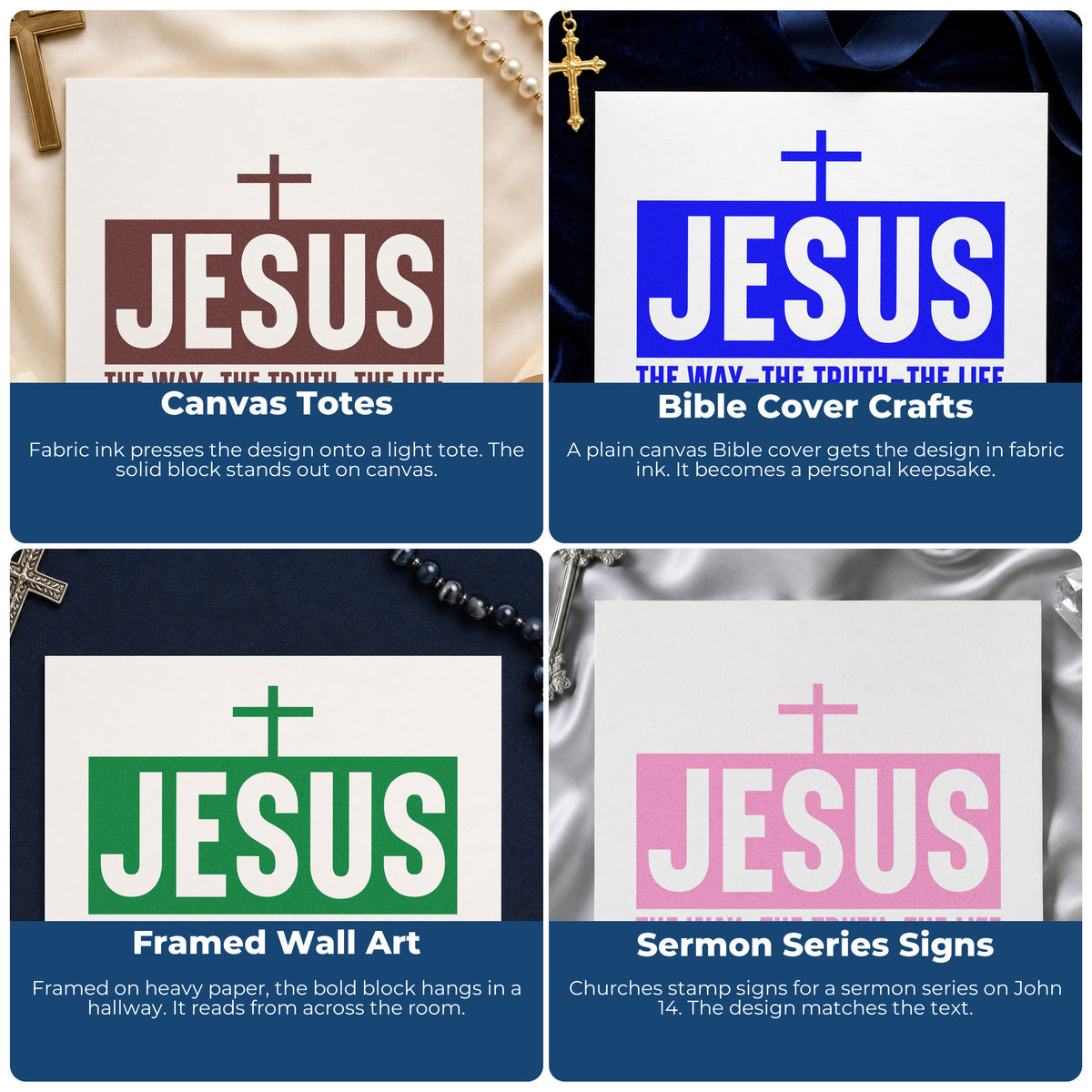Four ways to use the Jesus The Way Truth Life Pre-Inked Stamp – PSI: canvas totes, bible cover crafts, framed wall art and sermon series signs.
