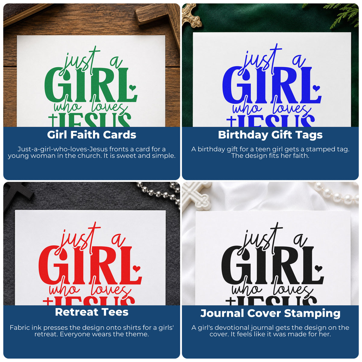Four ways to use the Just A Girl Who Loves Jesus With Cross Hand Stamp – Duo: girl faith cards, birthday gift tags, retreat tees and journal cover stamping.