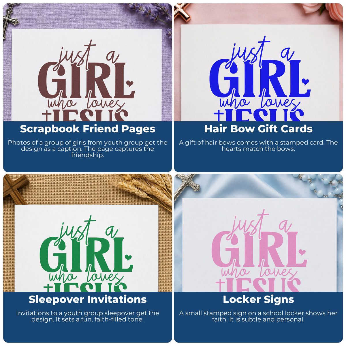 Four ways to use the Just A Girl Who Loves Jesus With Cross Hand Stamp – Duo: scrapbook friend pages, hair bow gift cards, sleepover invitations and locker signs.