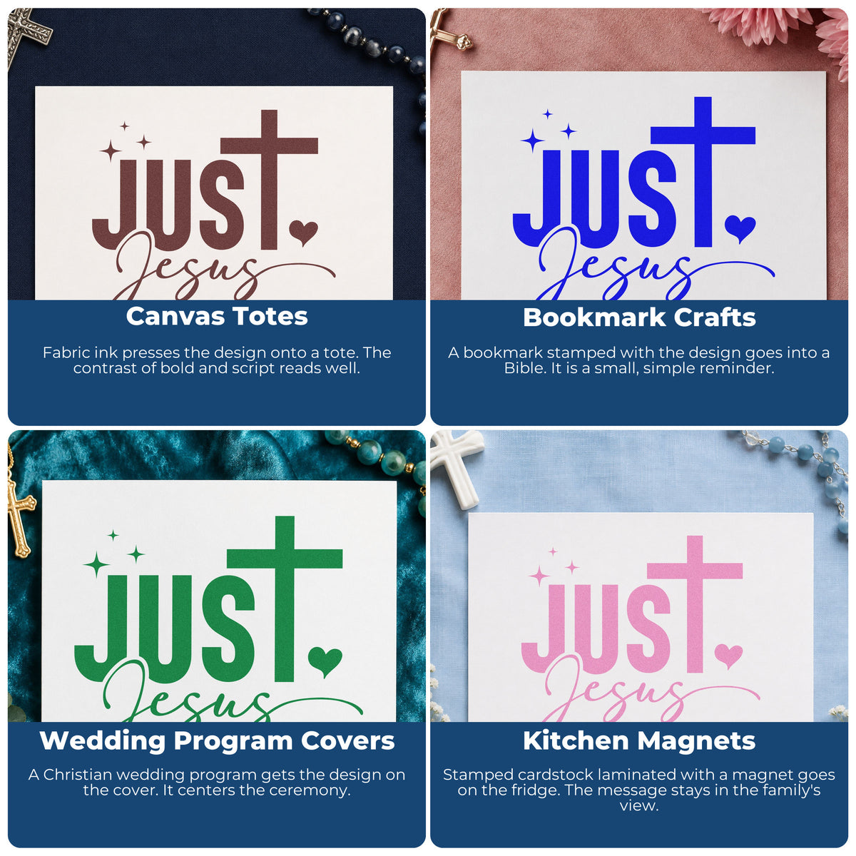 Collage of Christian rubber stamp ideas for gift tags, faith mail art, planners, and Sunday school crafts.