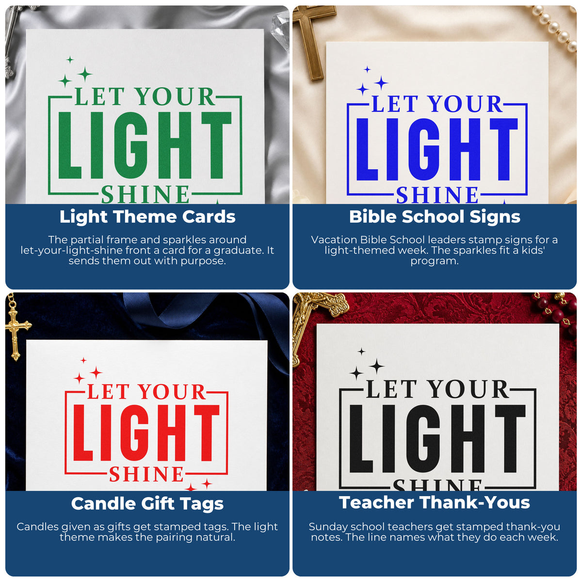 Faith-based rubber stamps for Bible journaling, prayer cards, scrapbooking, and church event favors with inspirational scripture.