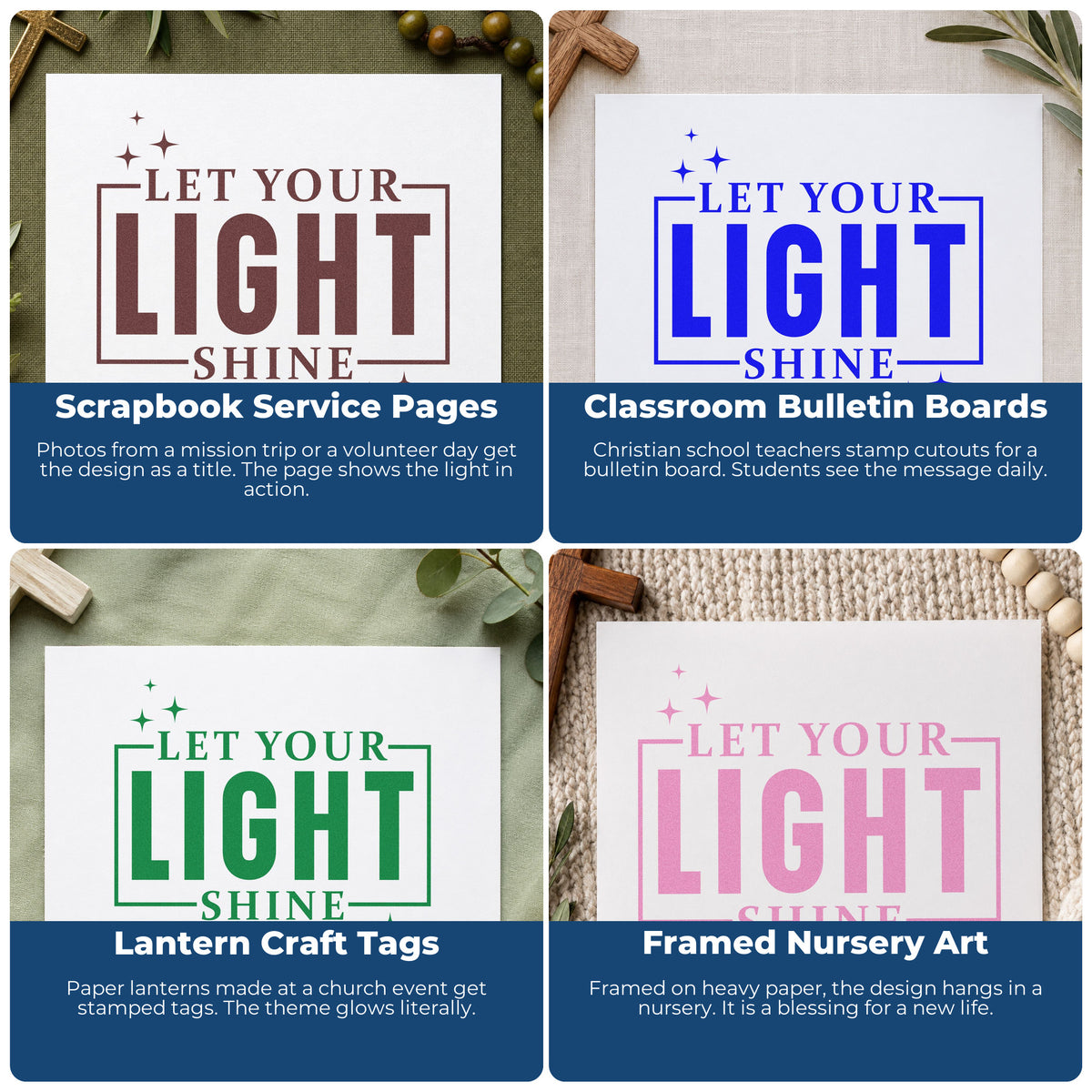 Christian rubber stamp ideas for gift tags, faith mail art, planners, and Sunday school crafts featuring inspirational verse designs.