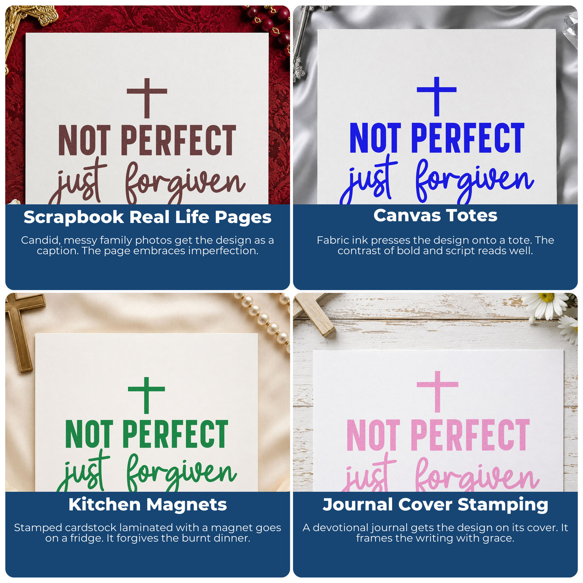 Four ways to use the Not Perfect Just Forgiven Stamp – Duo Hand: scrapbook real life pages, canvas totes, kitchen magnets and journal cover stamping.