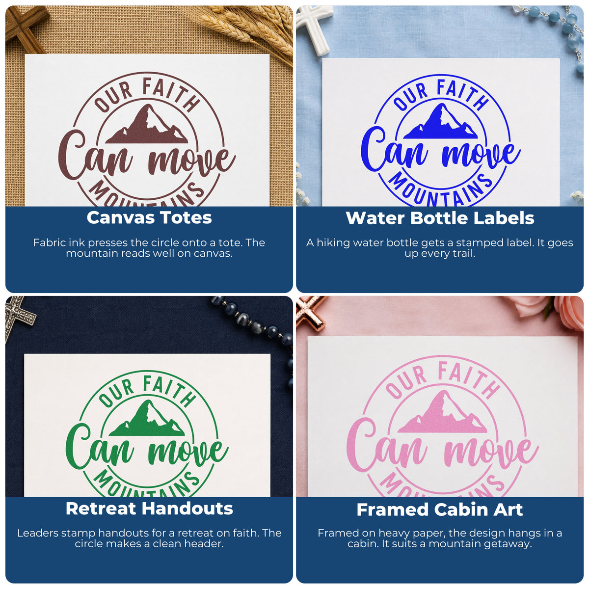 Four ways to use the Our Faith Can Move Mountains Slim Pre-Inked Stamp: canvas totes, water bottle labels, retreat handouts and framed cabin art.