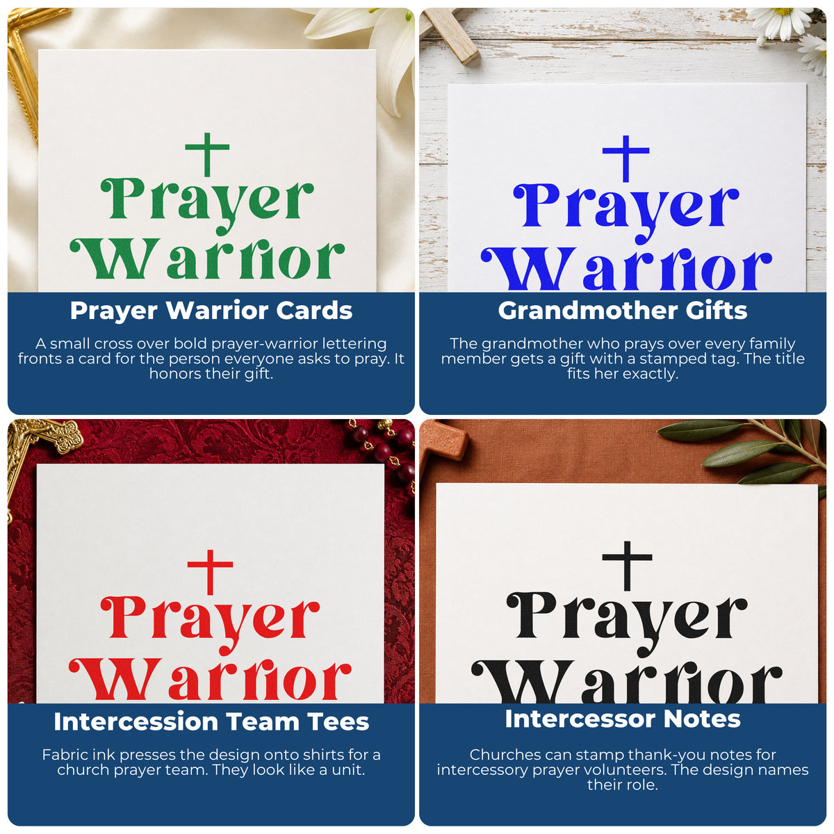 Four ways to use the Prayer Warrior With Cross Self-Inking Stamp: prayer warrior cards, grandmother gifts, intercession team tees and intercessor notes.