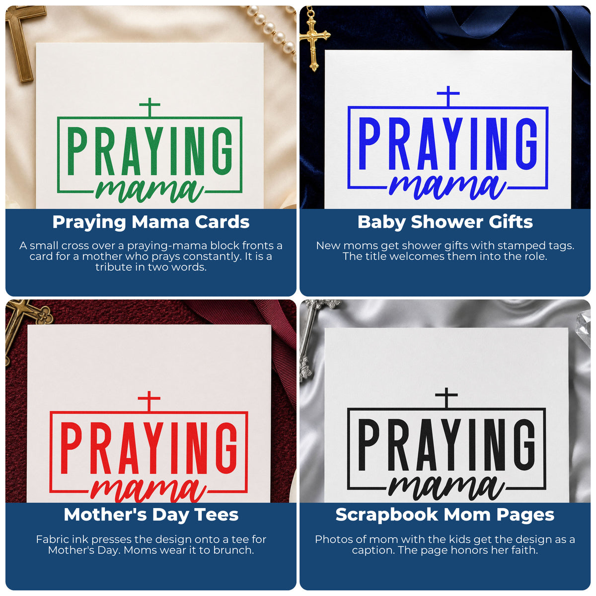 Four ways to use the Praying Mama Pre-Inked Stamp – PSI: praying mama cards, baby shower gifts, mother's day tees and scrapbook mom pages.