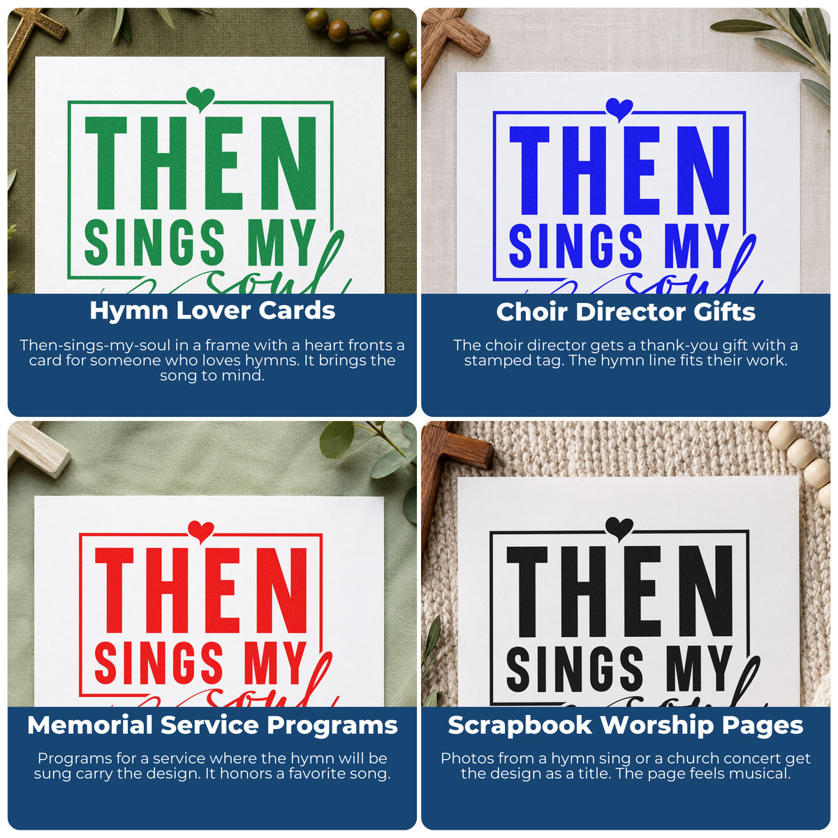 Four ways to use the Then Sings My Soul With Hearts Stamp – Self-Inking: hymn lover cards, choir director gifts, memorial service programs and scrapbook worship pages.