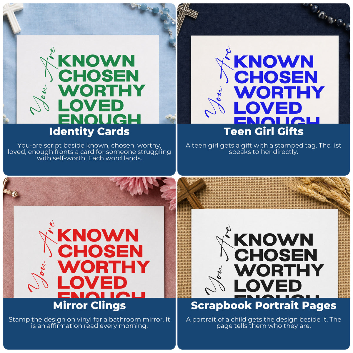 Christian rubber stamps for Bible journaling, faith-based scrapbooking, prayer cards, and church event favors.
