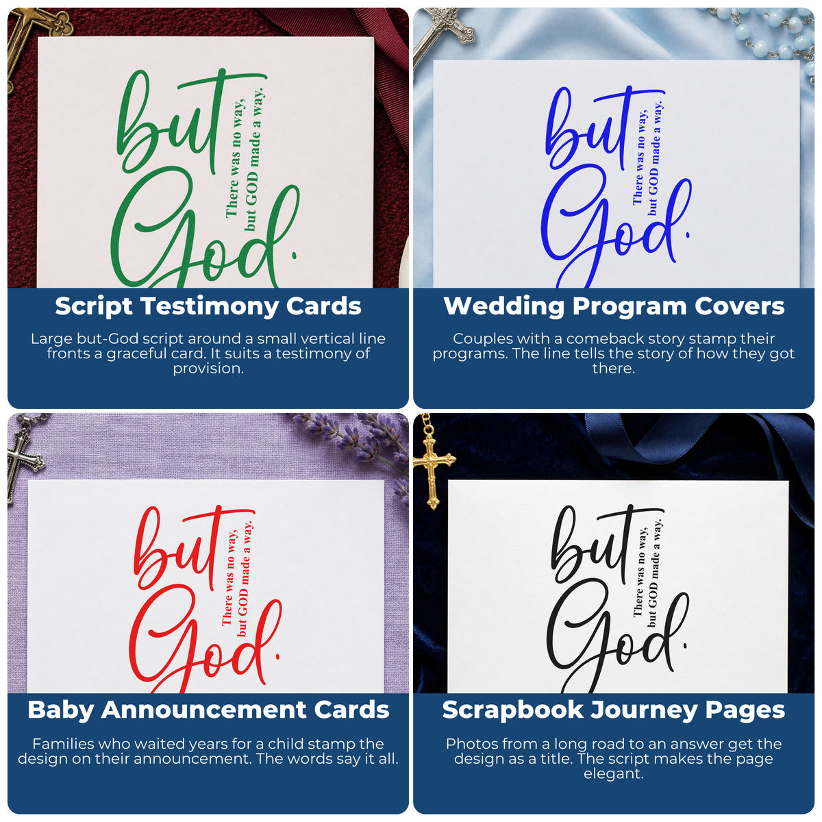 Four ways to use the But God Script Lettering Stamp – Self-Inking: script testimony cards, wedding program covers, baby announcement cards and scrapbook journey pages.