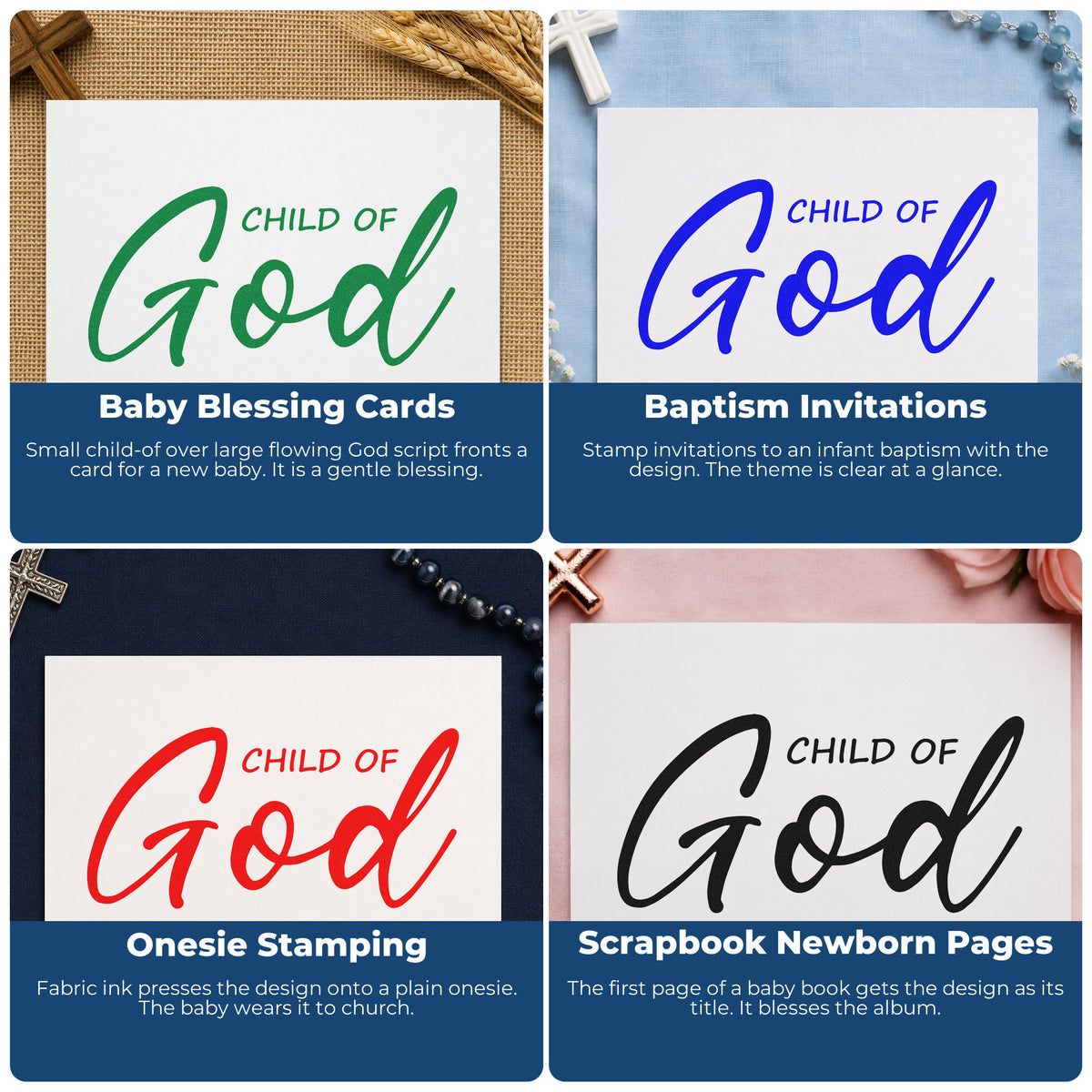 Four ways to use the Child Of God Script Wood Handle Stamp: baby blessing cards, baptism invitations, onesie stamping and scrapbook newborn pages.