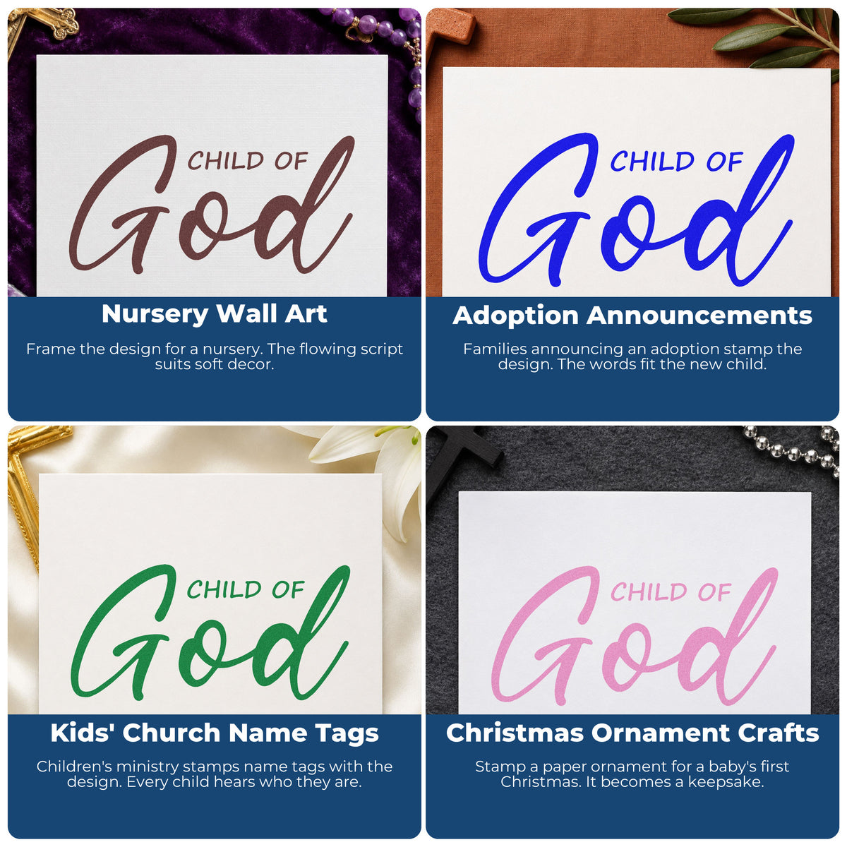 Four ways to use the Child Of God Script Wood Handle Stamp: nursery wall art, adoption announcements, kids' church name tags and christmas ornament crafts.